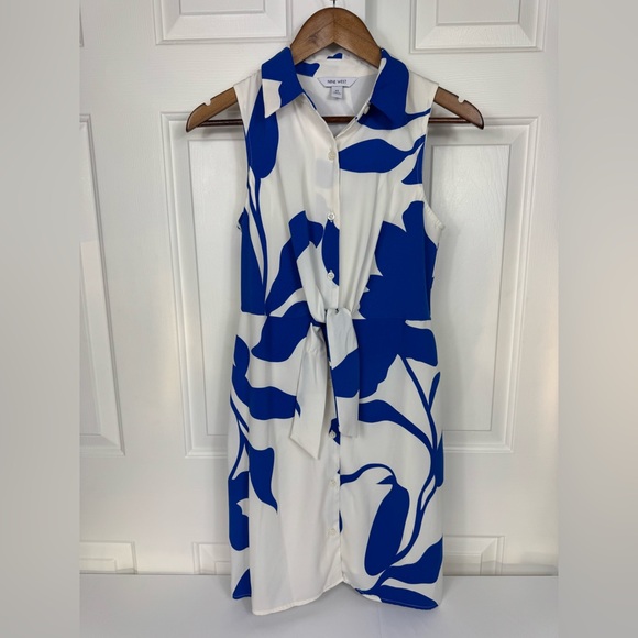 NINE WEST BRAND BLUE & WHITE XS COLLARED DRESS Front Tie Sleeveless - Picture 1 of 5